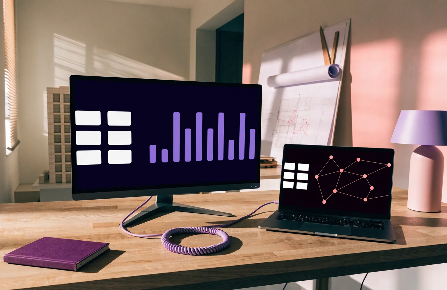 Illustratief sfeerbeeld van dashboards op verbonden schermen.