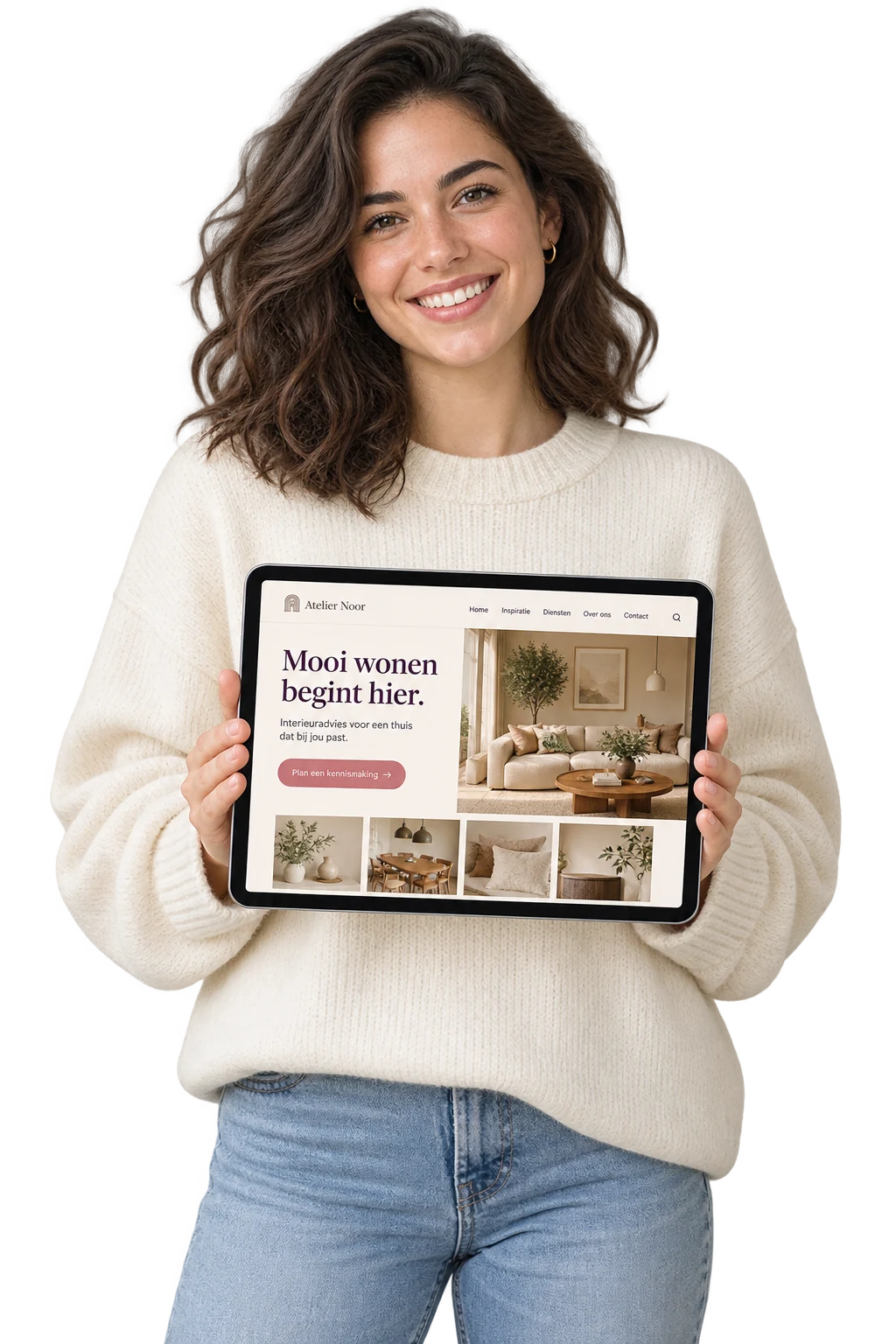 AI-sfeerbeeld van een jonge vrouw die op een tablet een voorbeeldwebsite voor interieuradvies laat zien